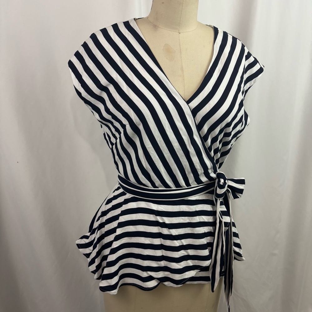 LOFT Black and White Striped Wrap Peplum Blouse XS